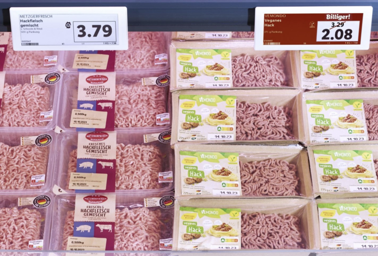 plant based meat filling half the cooler at a Lidl grocer